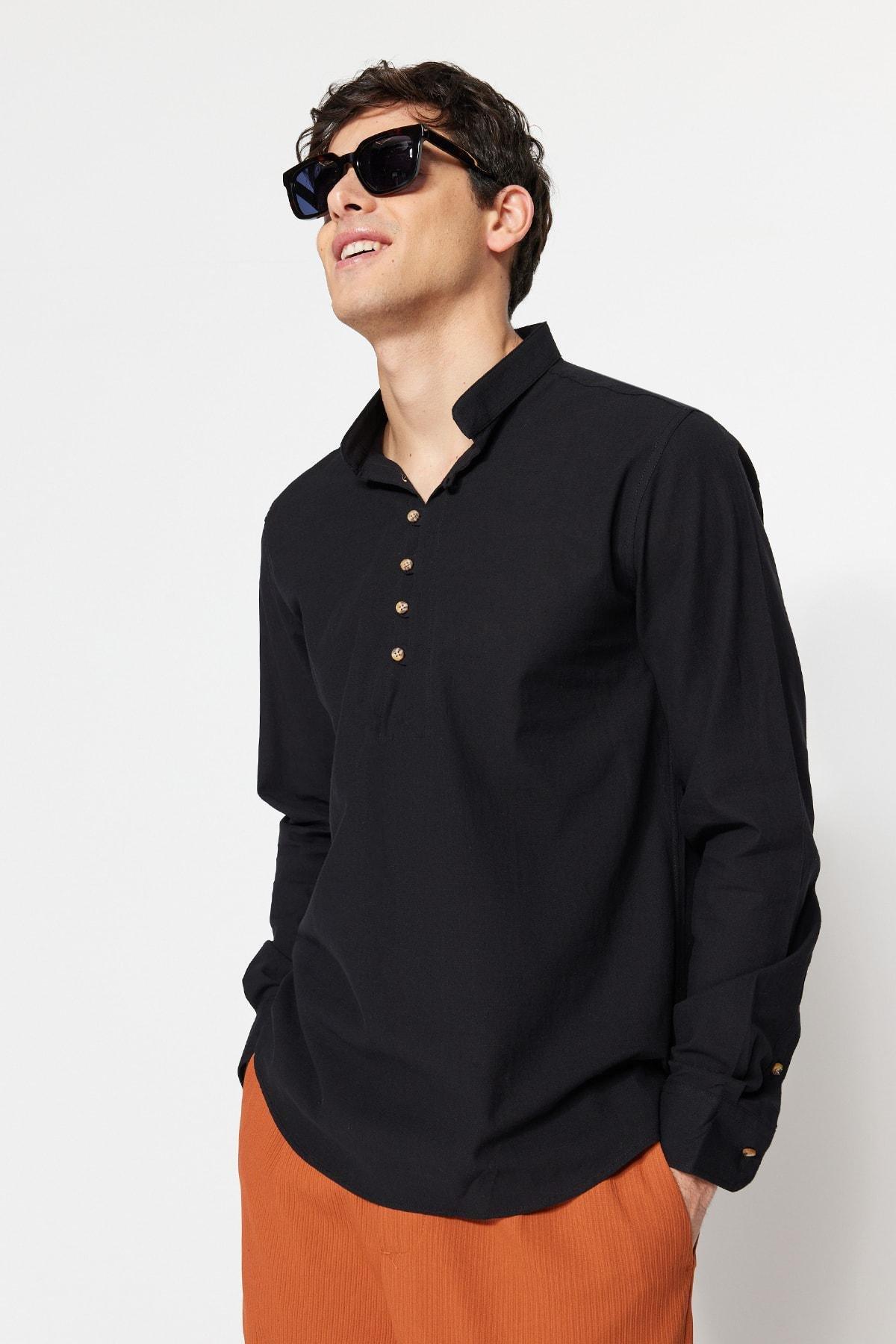 Black Cotton Mandarin Collar Shirt, , large image number 1