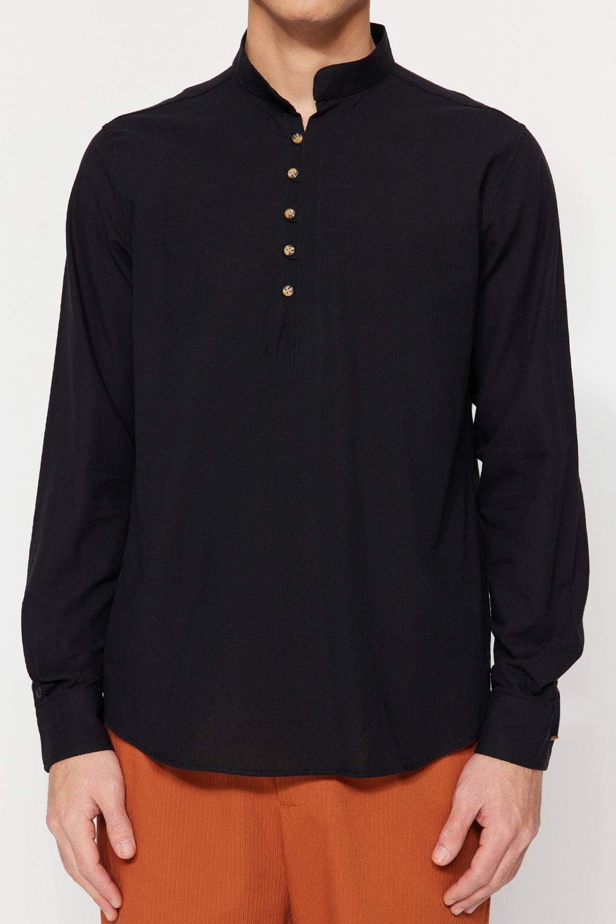 Black Cotton Mandarin Collar Shirt, , large image number 2