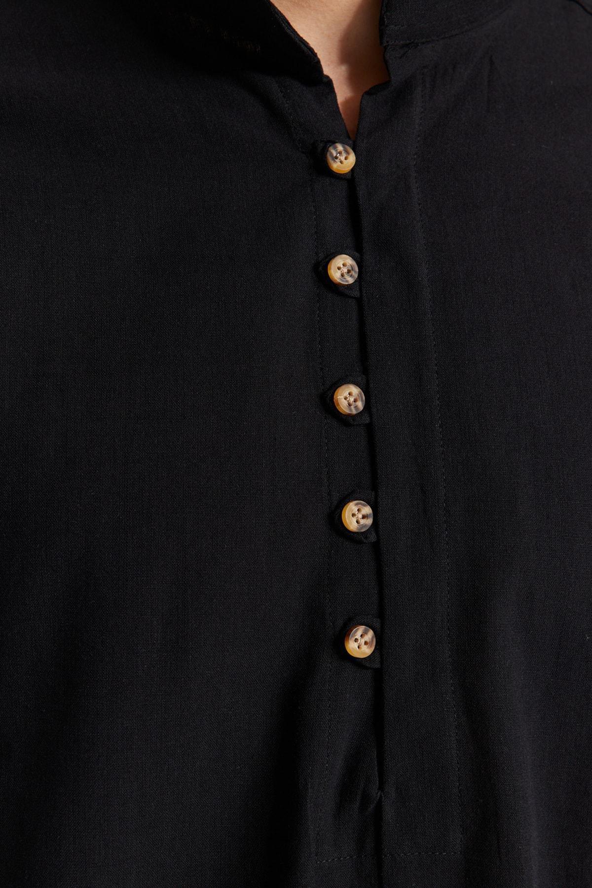 Black Cotton Mandarin Collar Shirt, , large image number 3