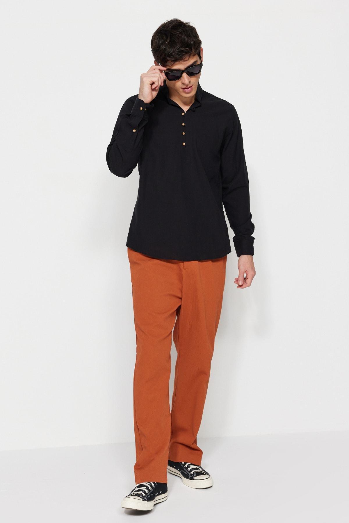 Black Cotton Mandarin Collar Shirt, , large image number 4