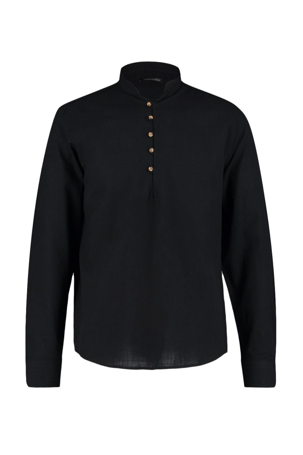 Black Cotton Mandarin Collar Shirt, , large image number 5