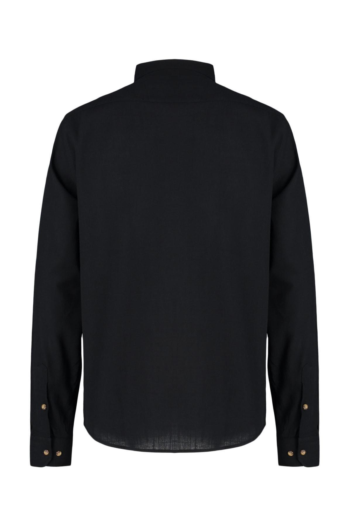 Black Cotton Mandarin Collar Shirt, , large image number 6