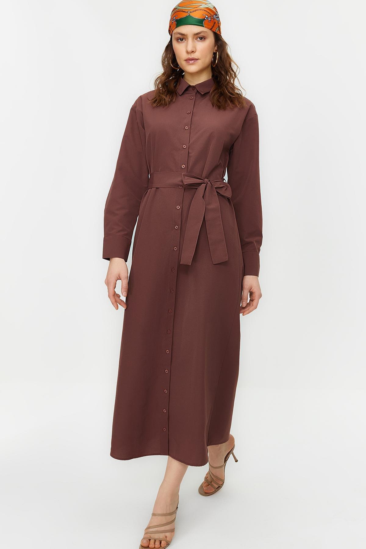 Brown Belted Cuffed Cotton Woven Shirt Dress, , large image number 0