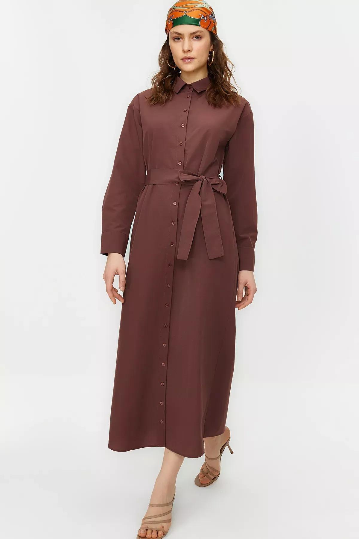 Brown Belted Cuffed Cotton Woven Shirt Dress, Brown, medium