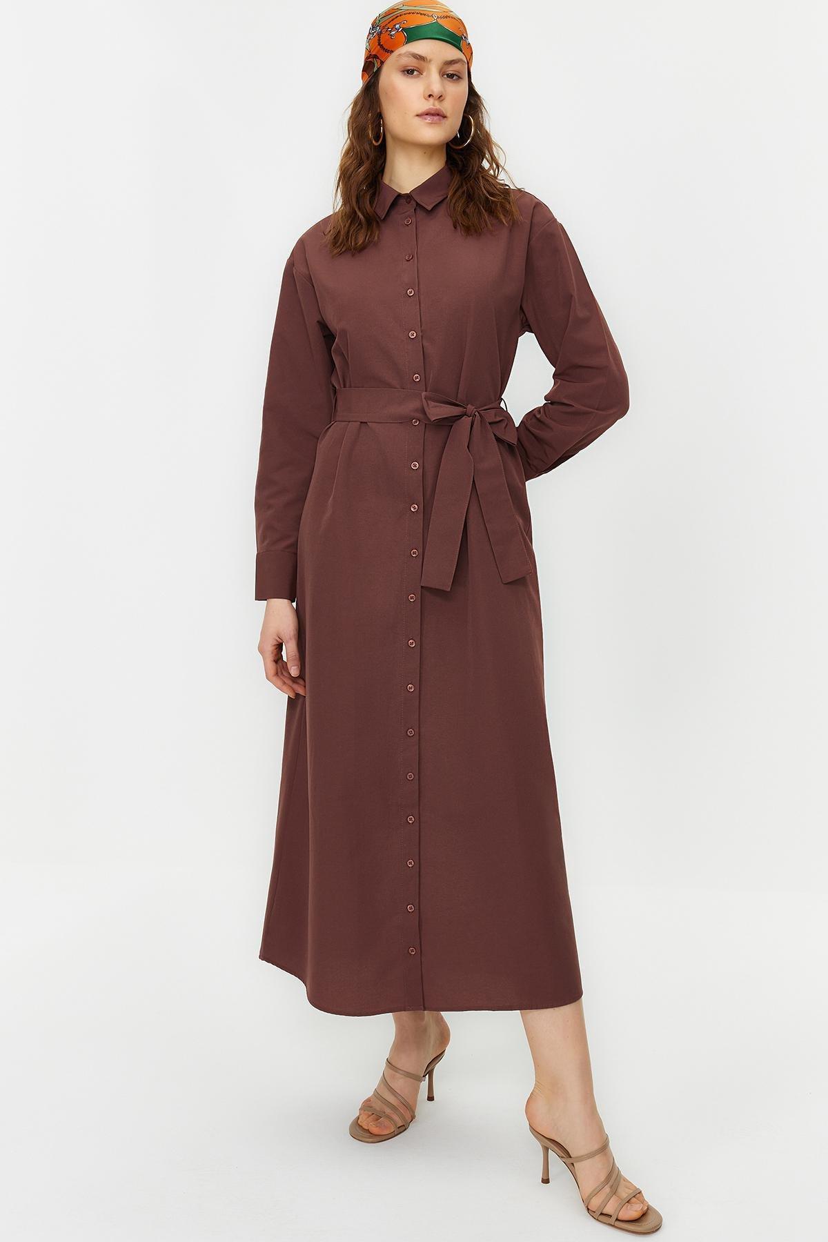 Brown Belted Cuffed Cotton Woven Shirt Dress, , large image number 1