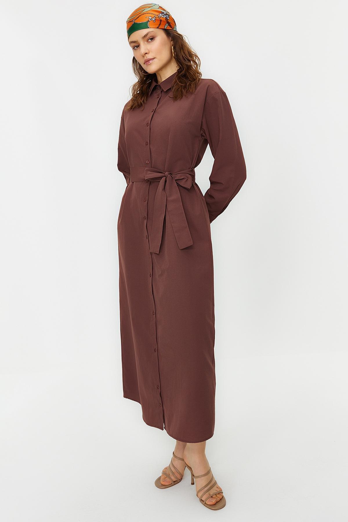 Brown Belted Cuffed Cotton Woven Shirt Dress, , large image number 2