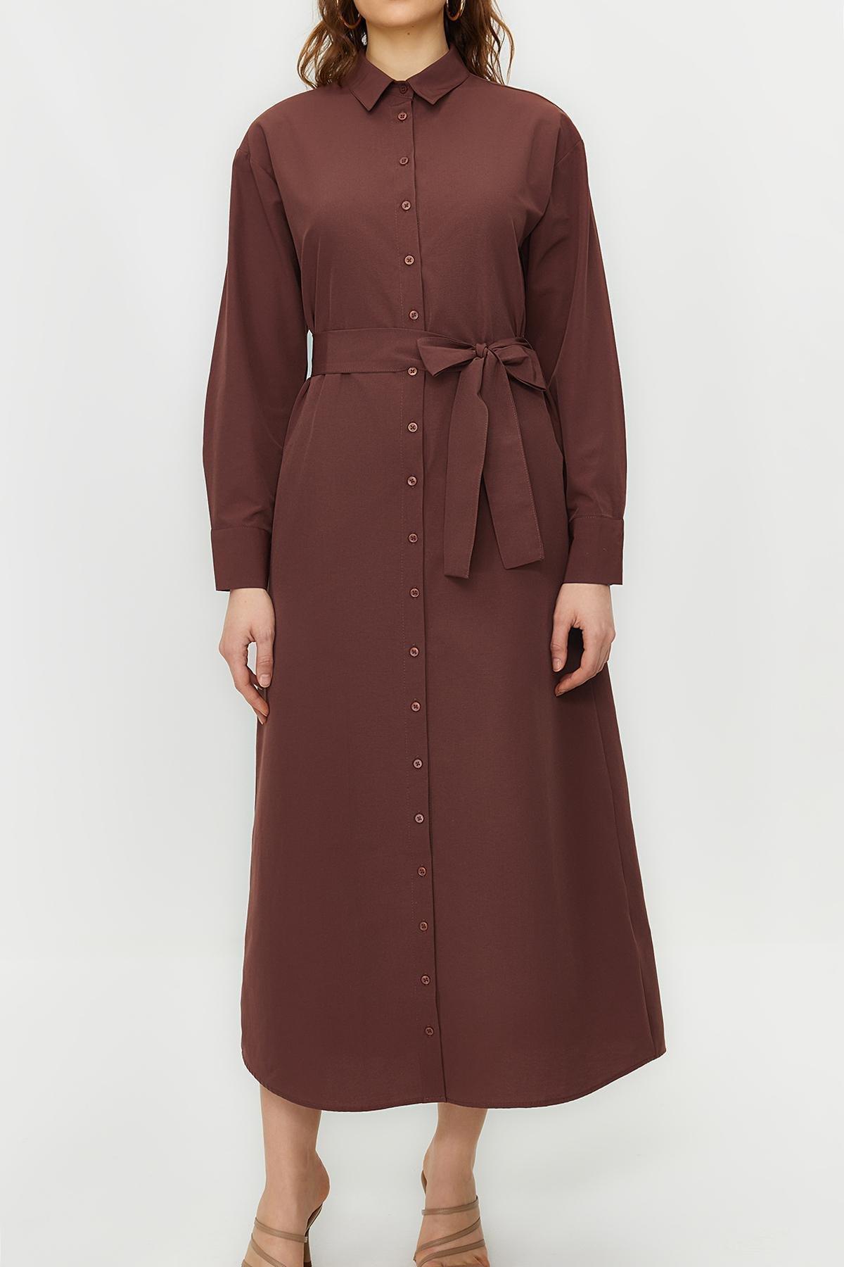 Brown Belted Cuffed Cotton Woven Shirt Dress, , large image number 3