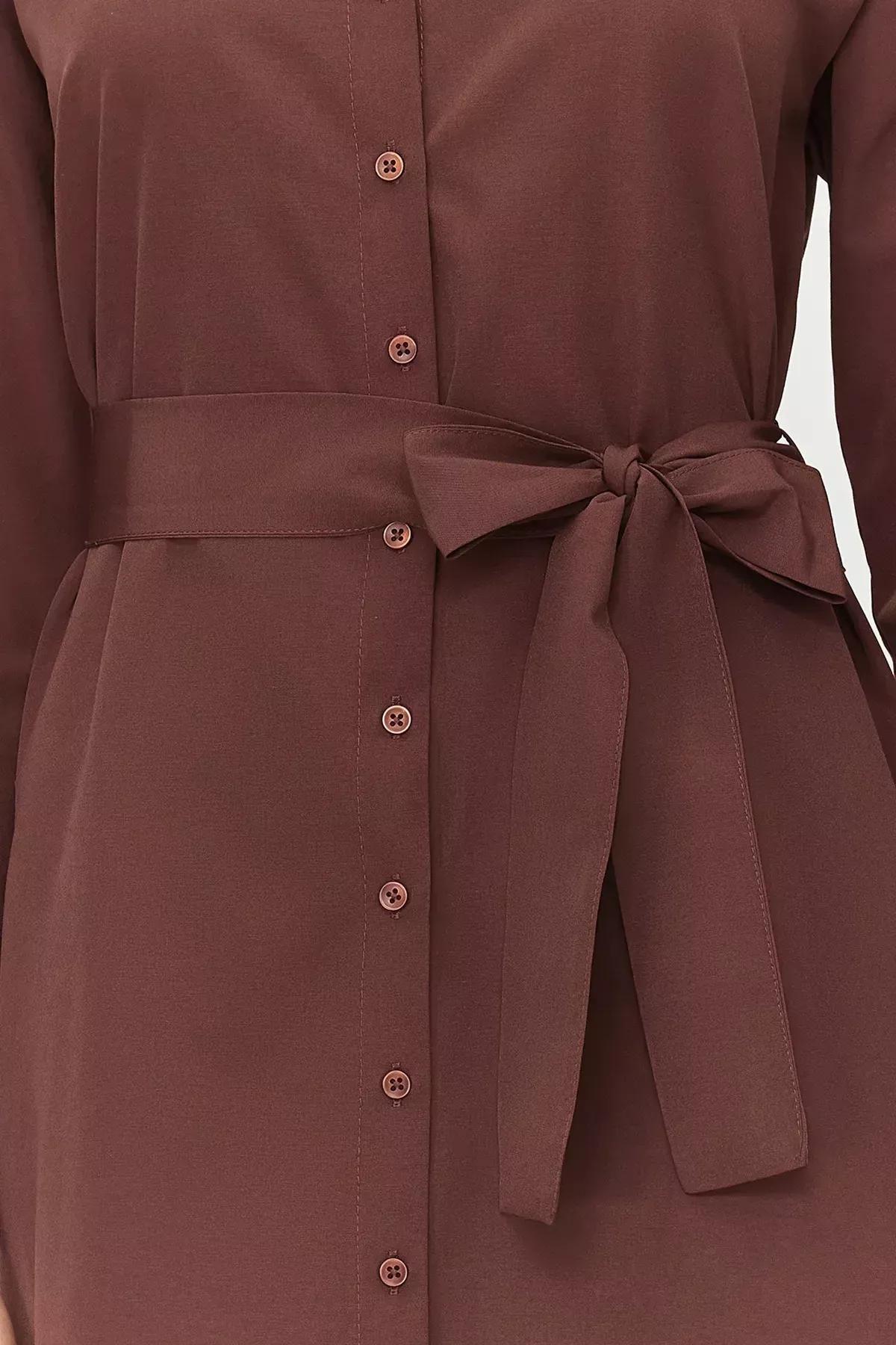 فستان قطن منسوج بتصميم قميص بحزام وأساور أكمام، بني, Brown, large image number 4