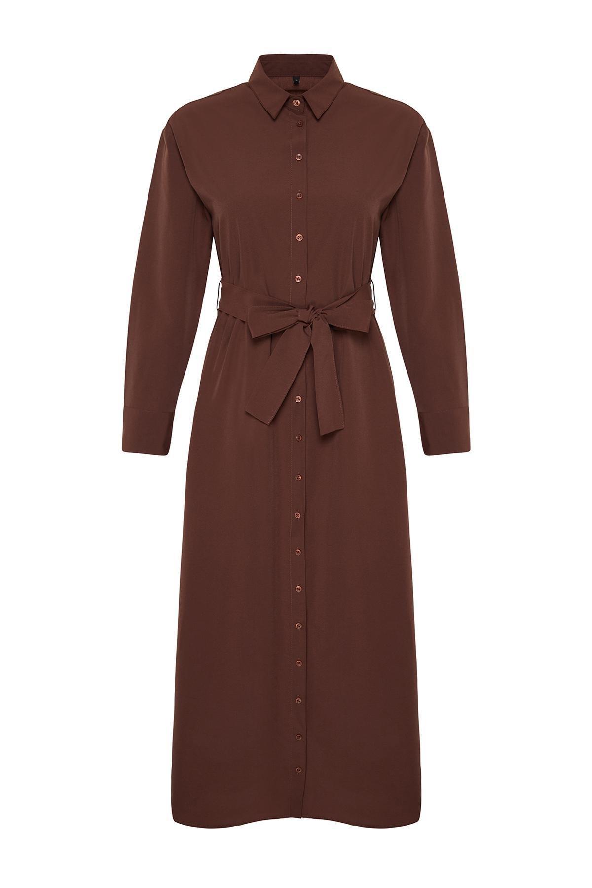 Brown Belted Cuffed Cotton Woven Shirt Dress, , large image number 5
