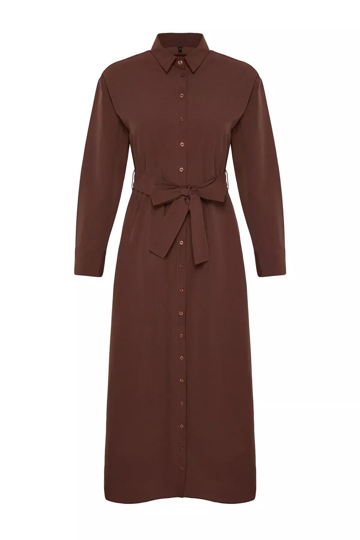 فستان قطن منسوج بتصميم قميص بحزام وأساور أكمام، بني, Brown, large image number 5