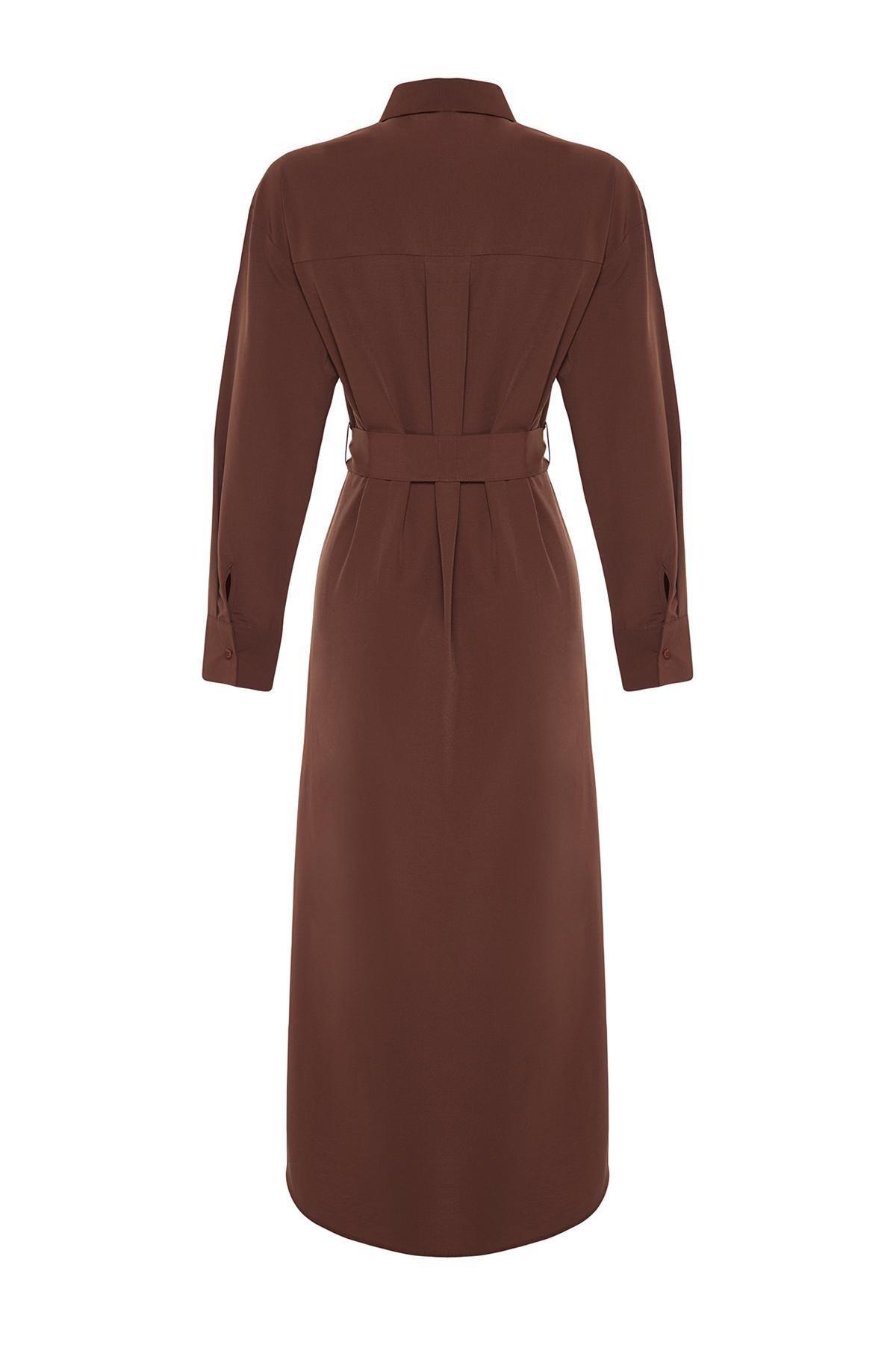 Brown Belted Cuffed Cotton Woven Shirt Dress, , large image number 6