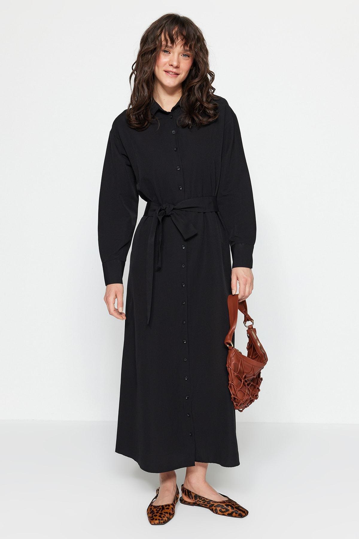 Black Knotted Belt Shirt Dress, , large image number 0