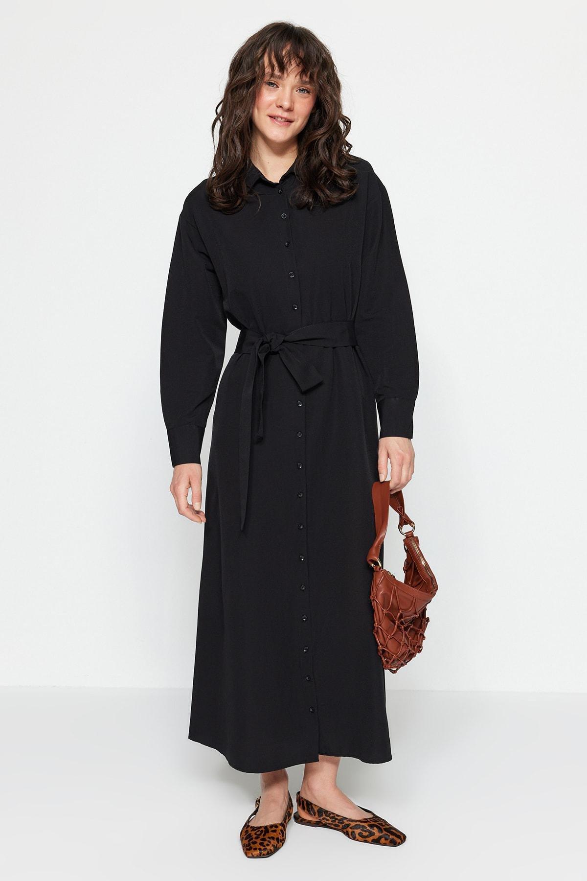 Trendyol - Black Knotted Belt Shirt Dress