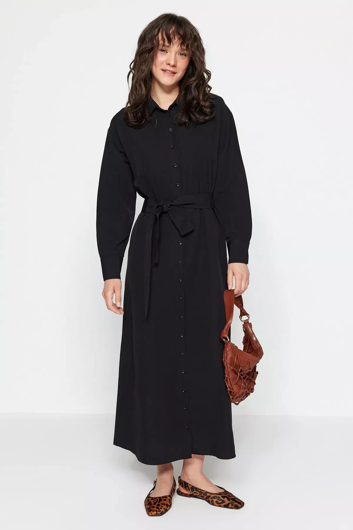 Black Knotted Belt Shirt Dress, , medium