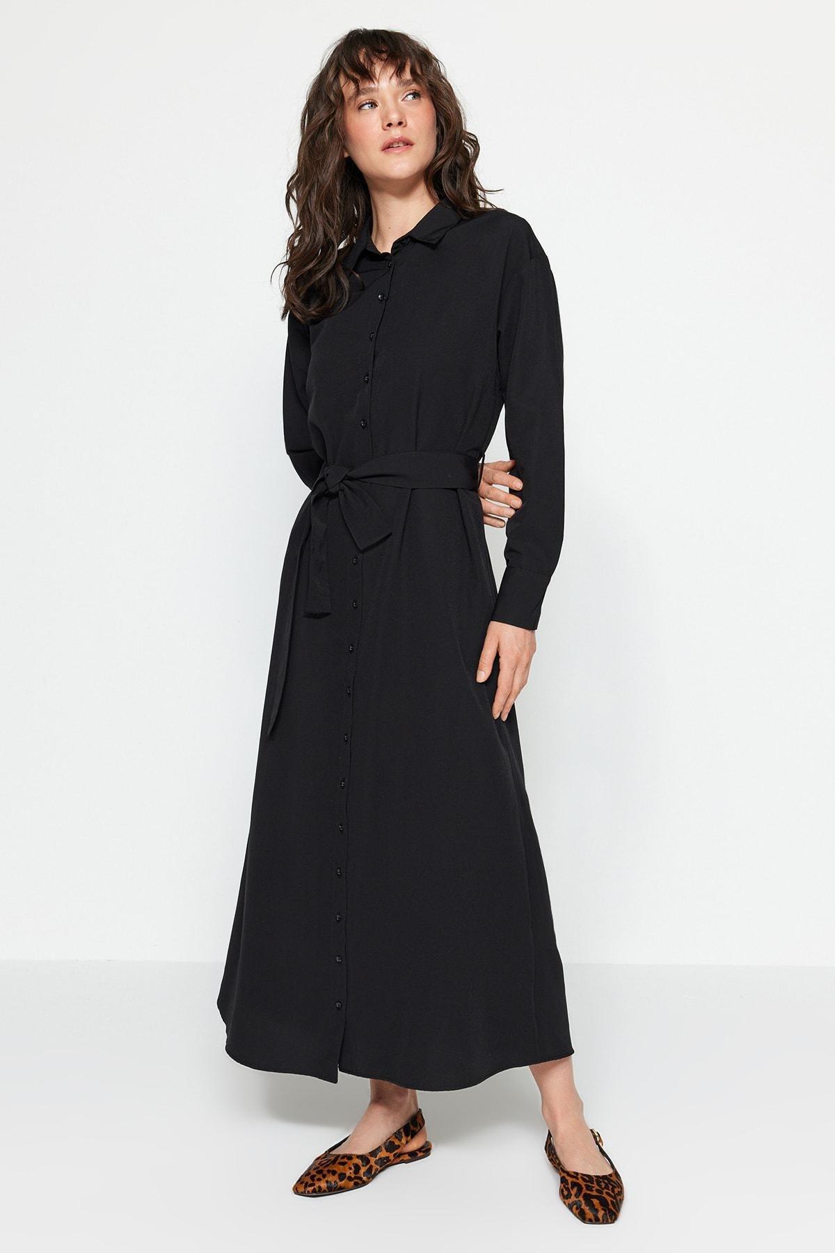 Black Knotted Belt Shirt Dress, , large image number 1