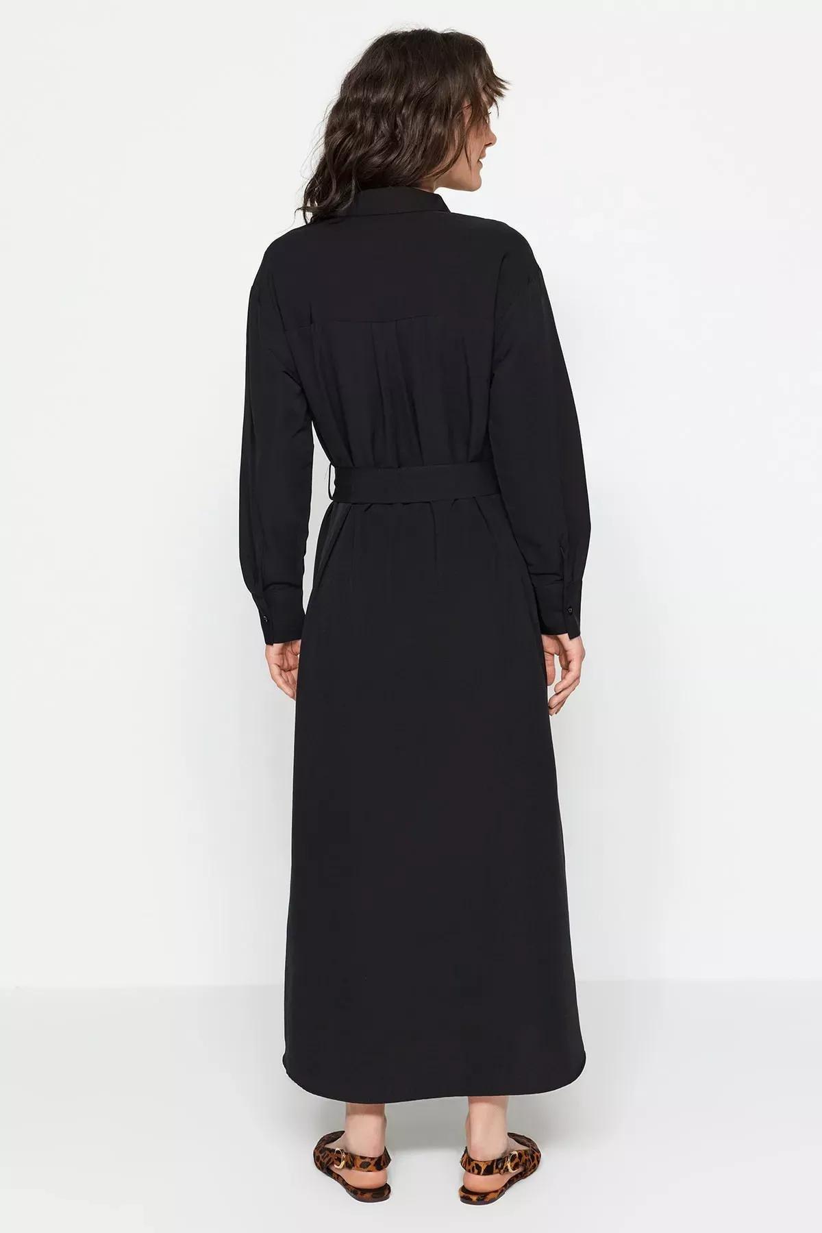 Black Knotted Belt Shirt Dress, Black, large image number 1