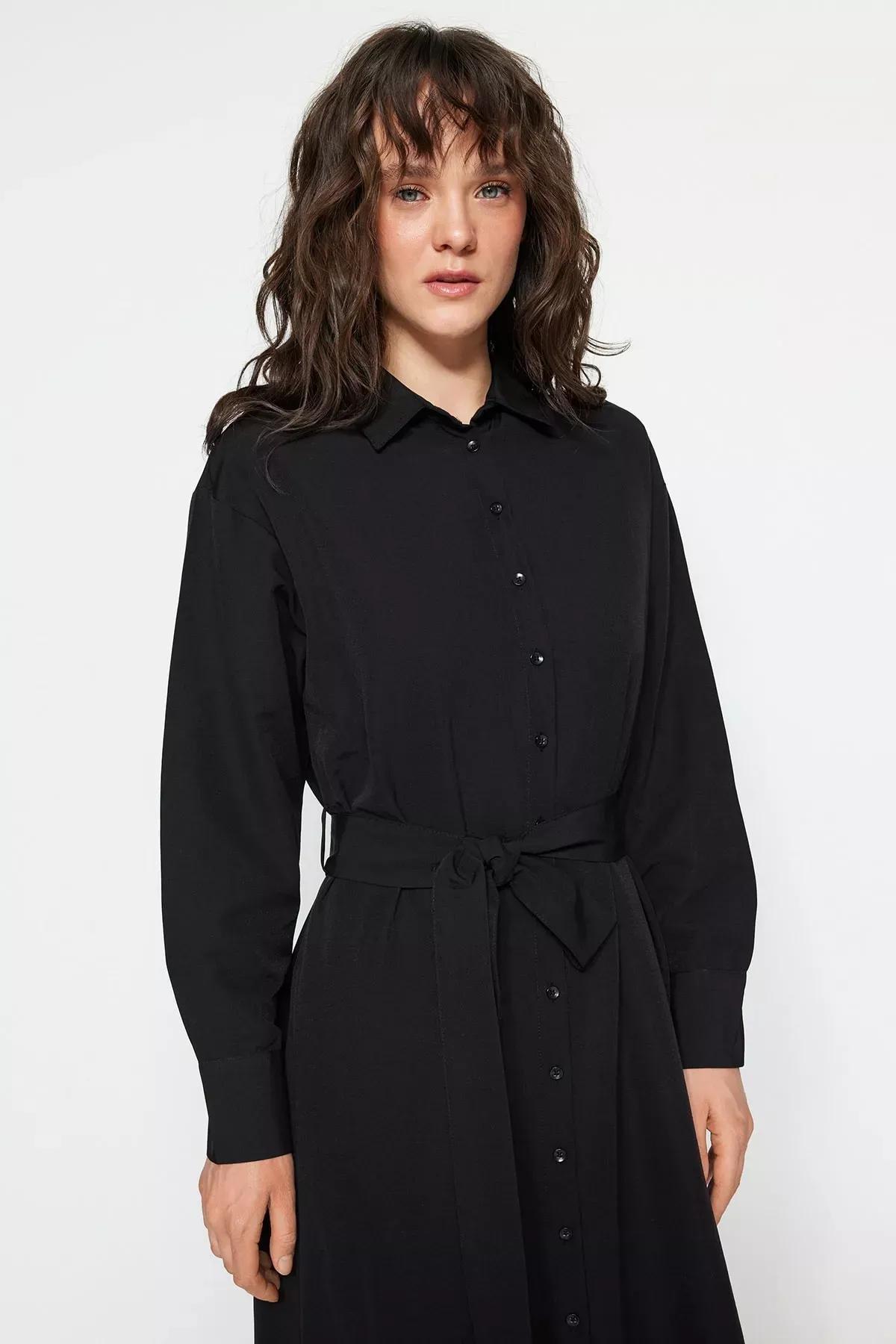Black Knotted Belt Shirt Dress, Black, large image number 2
