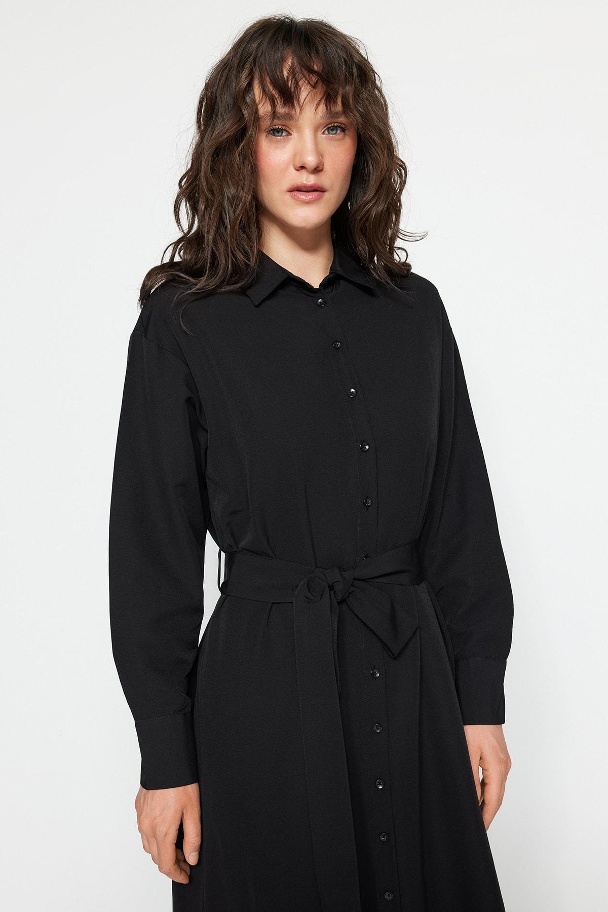 Black Knotted Belt Shirt Dress, , large image number 2
