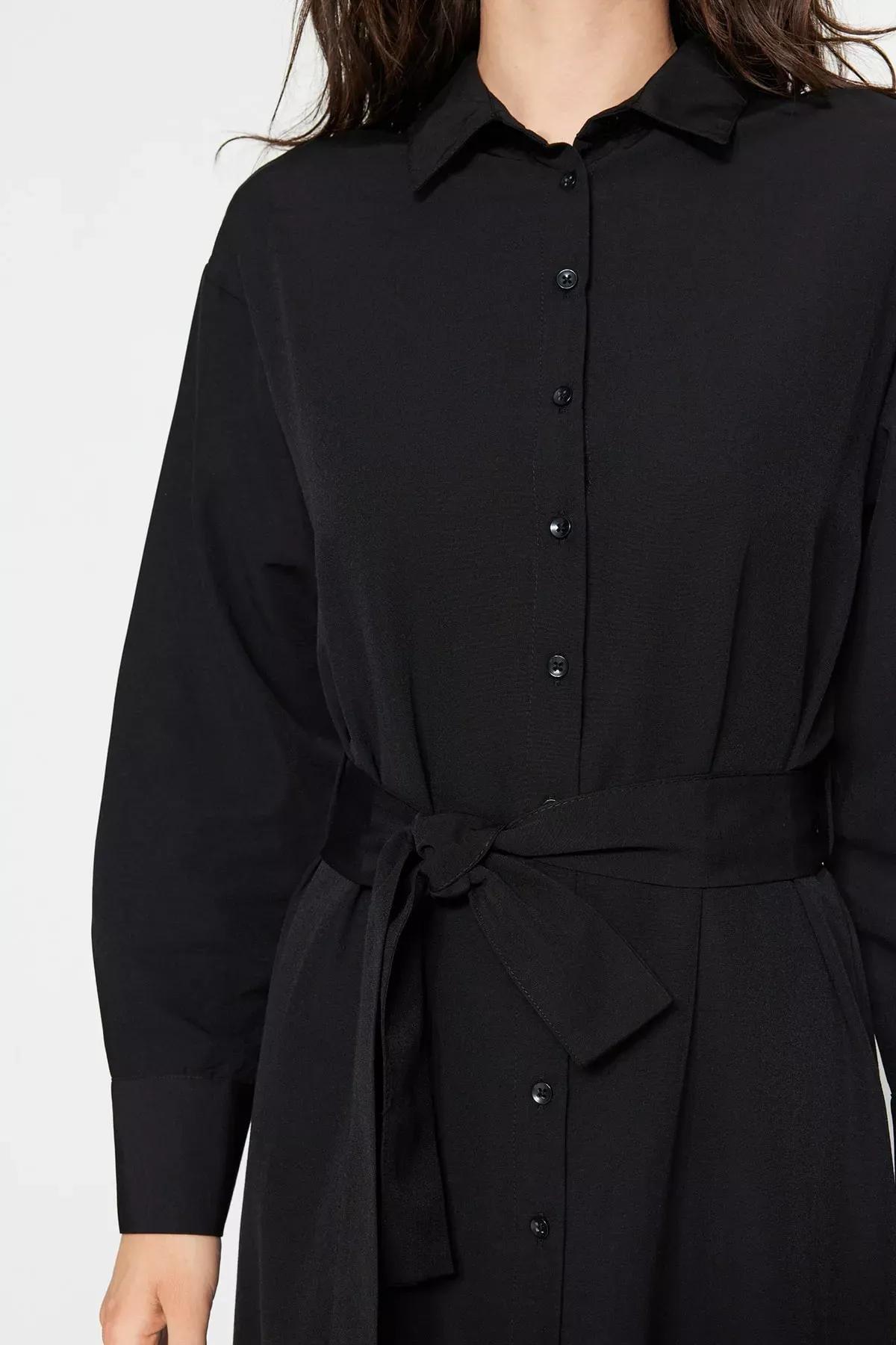 Black Knotted Belt Shirt Dress, Black, large image number 3