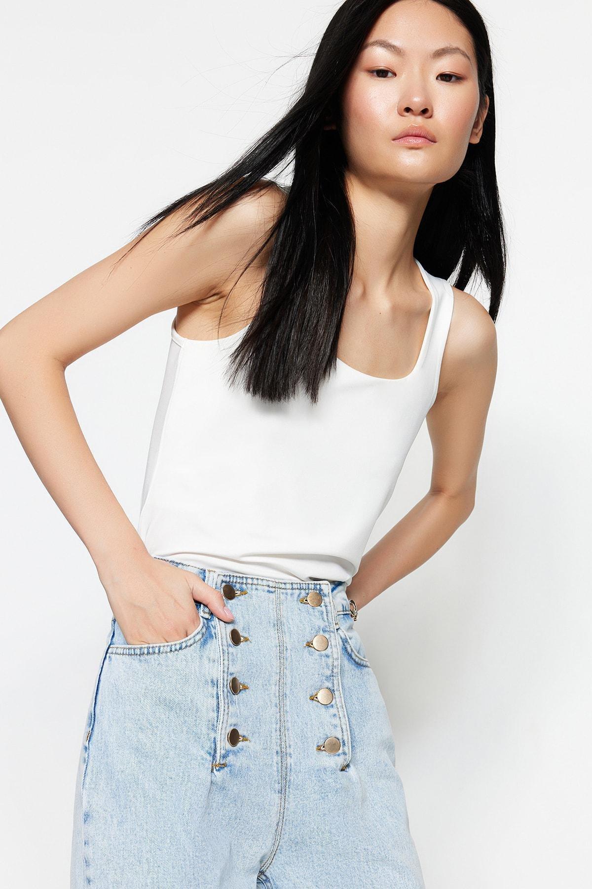 White Fitted Square Collar Tank Top, , large image number 0
