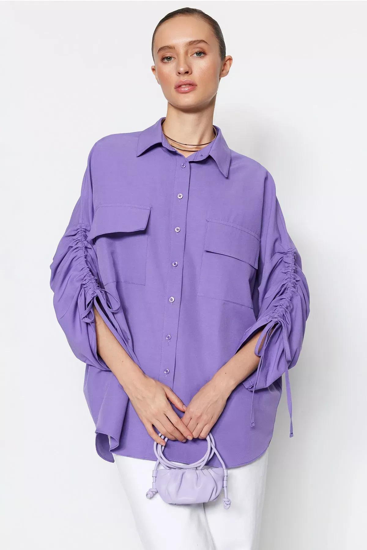 قميص بقصة فضفاضة بأكمام منسدلة، بنفسجي, Purple, large image number 0