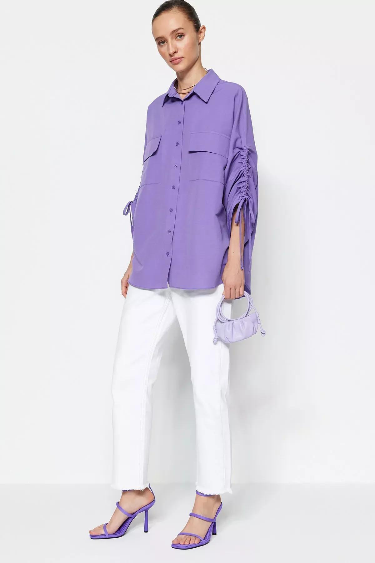 قميص بقصة فضفاضة بأكمام منسدلة، بنفسجي, Purple, large image number 1