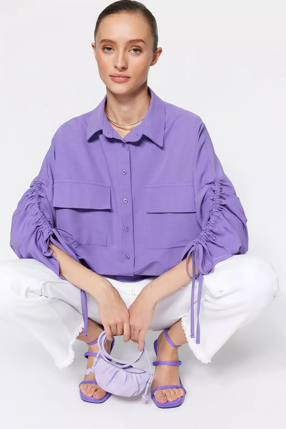 قميص بقصة فضفاضة بأكمام منسدلة، بنفسجي, Purple, large image number 2