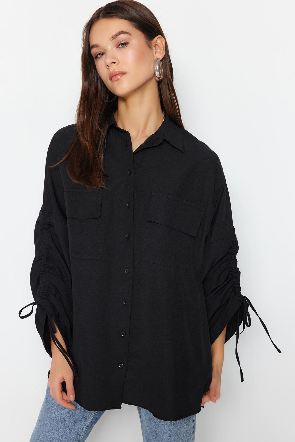 Black Ruffled Sleeve Shirt, , large image number 0