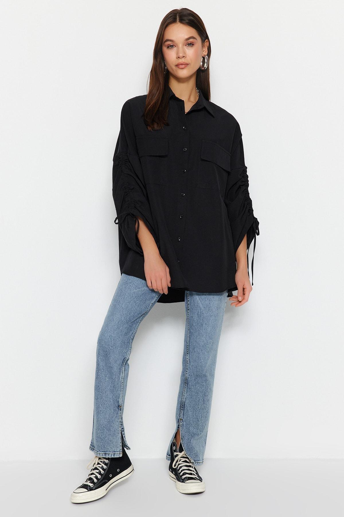 Black Ruffled Sleeve Shirt, , large image number 1