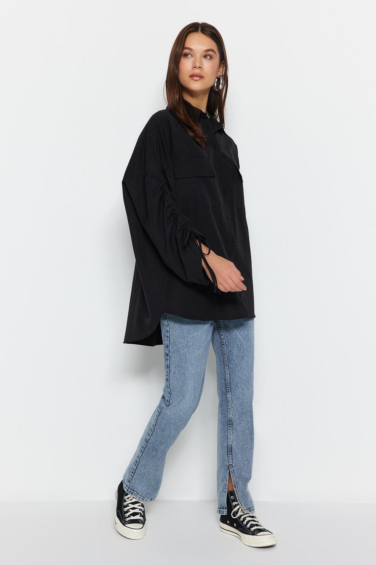 Black Ruffled Sleeve Shirt, , large image number 2