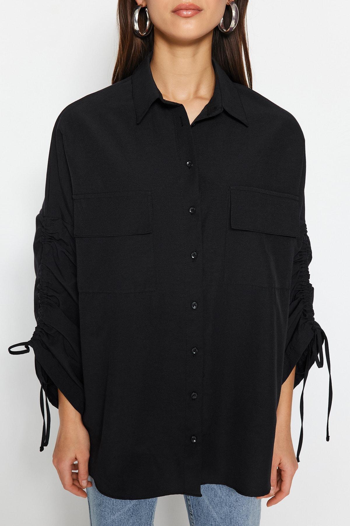 Black Ruffled Sleeve Shirt, , large image number 3