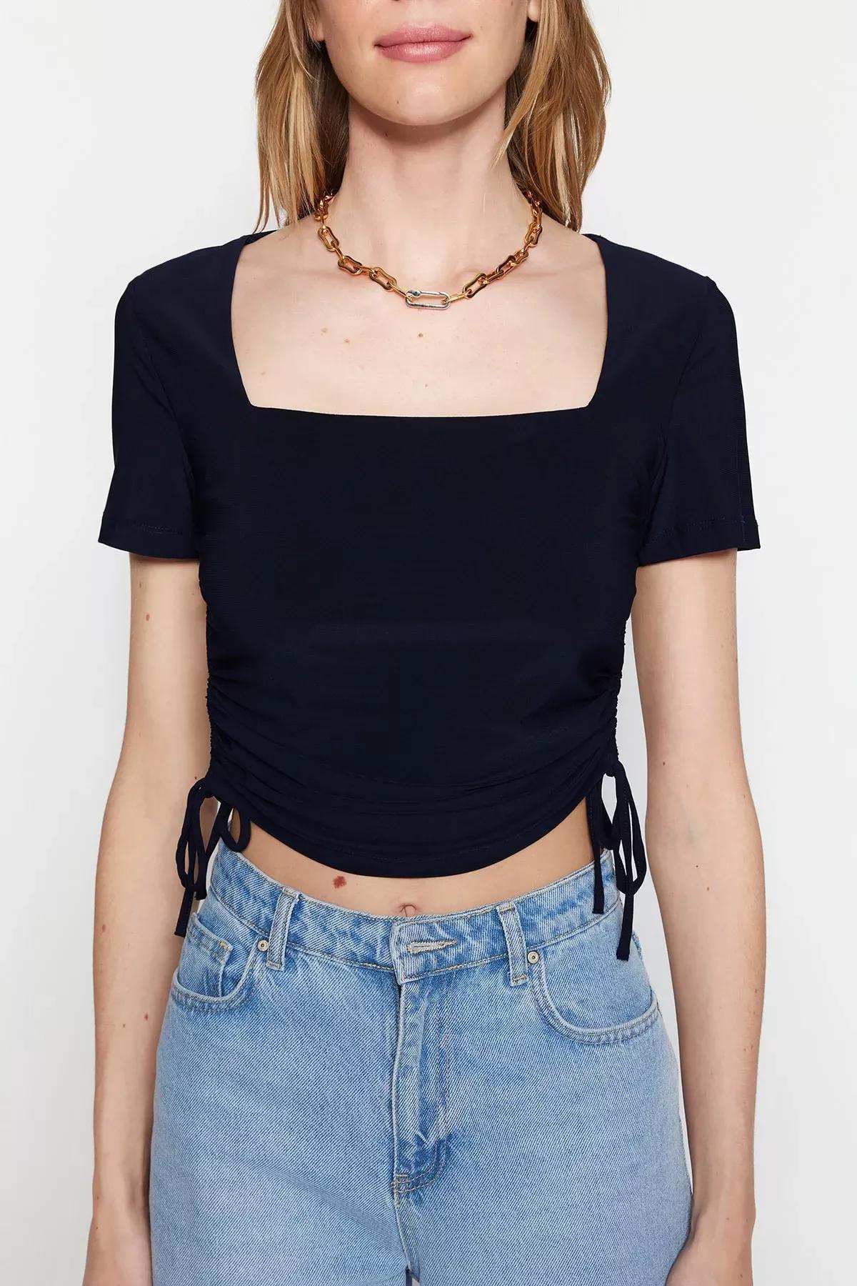 تيشيرت بأربطة شد جانبية، كحلي, Dark blue, large image number 3