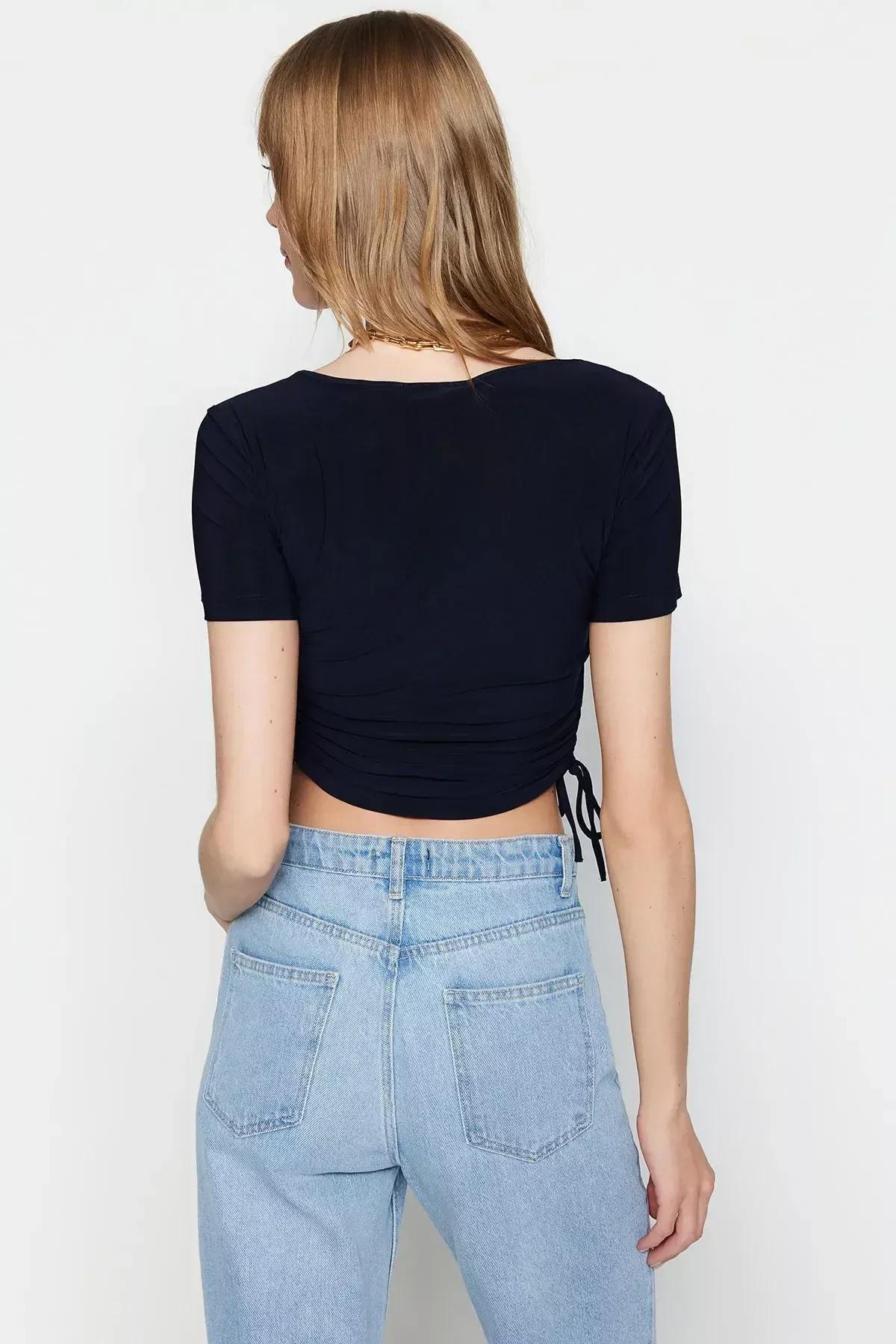 تيشيرت بأربطة شد جانبية، كحلي, Dark blue, large image number 4