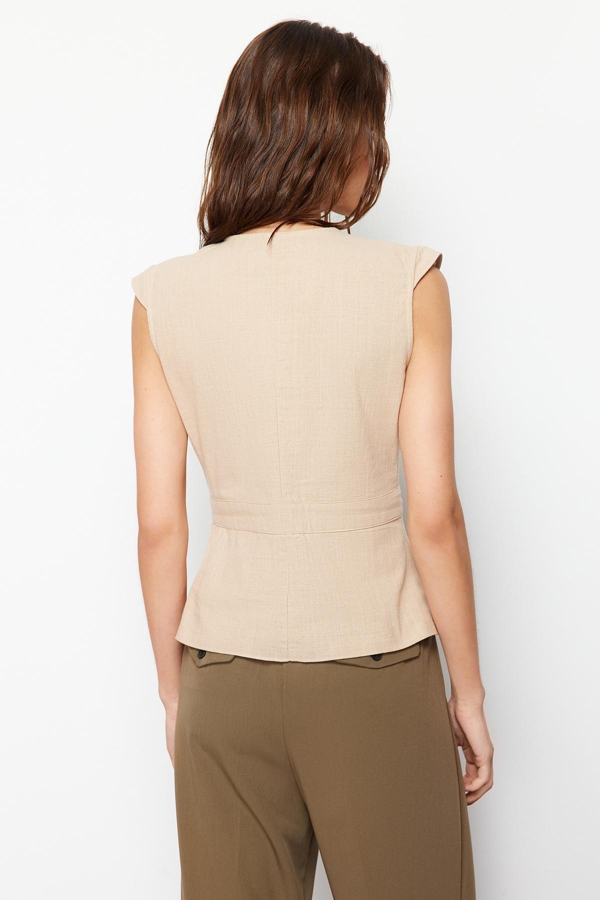Beige Woven Detailed Double-Breasted Blouse, , large image number 3