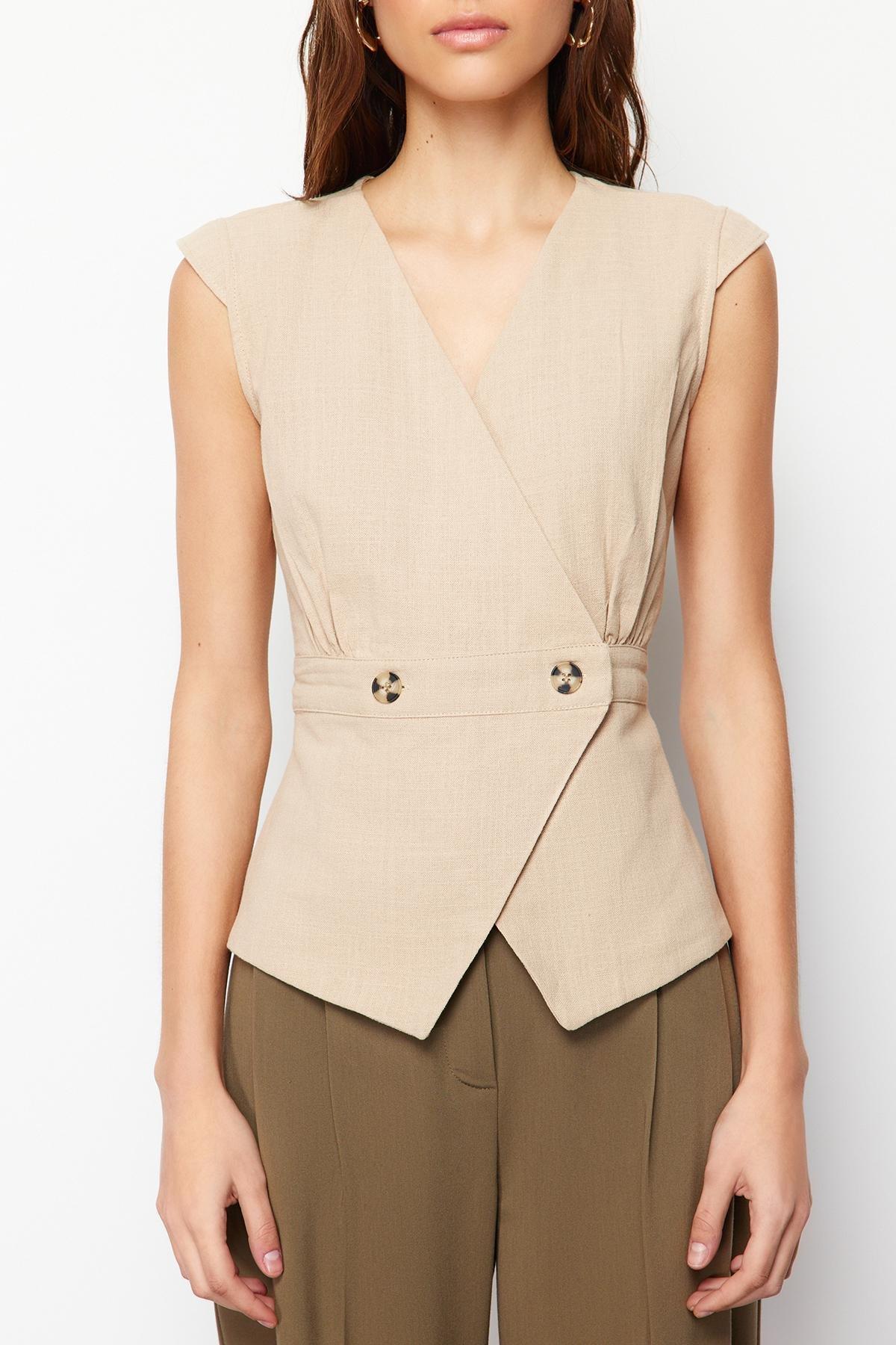 Beige Woven Detailed Double-Breasted Blouse, , large image number 5