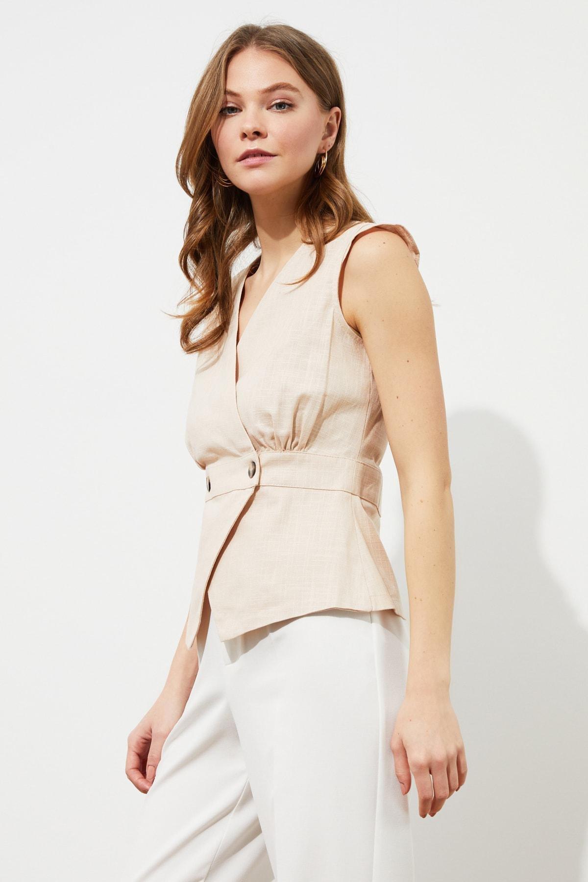 Beige Fitted Vest Blouse, , large image number 0