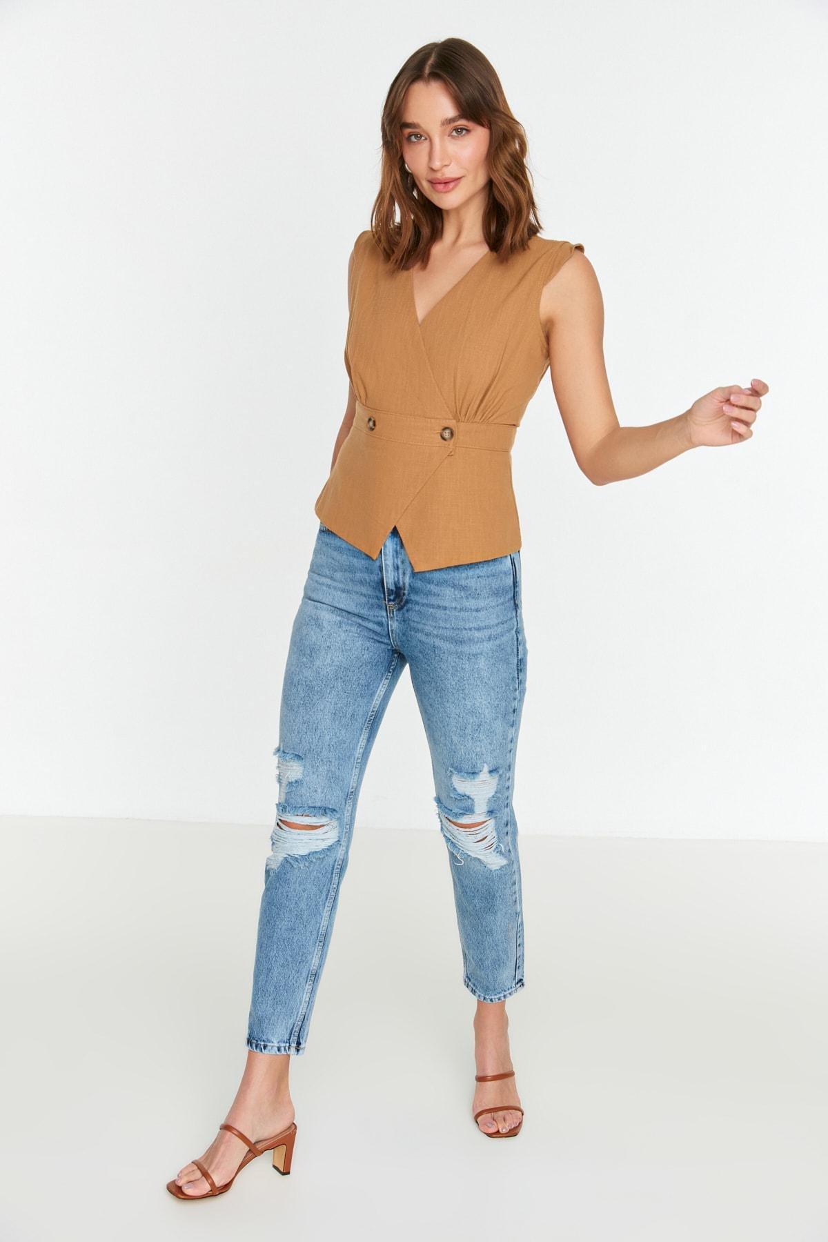 Navy Fitted Plain Blouse, , large image number 2
