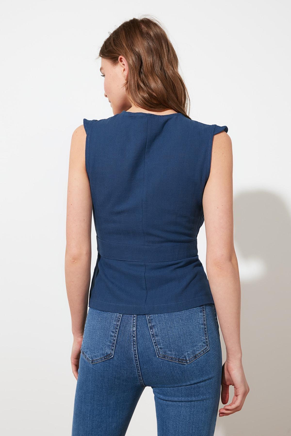 Navy Fitted Plain Blouse, , large image number 9