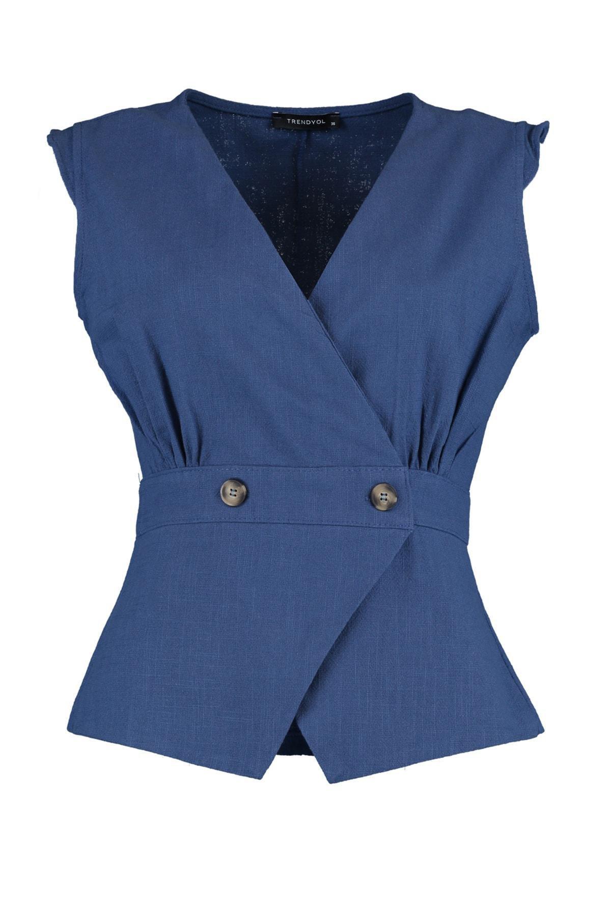 Navy Fitted Plain Blouse, , large image number 10