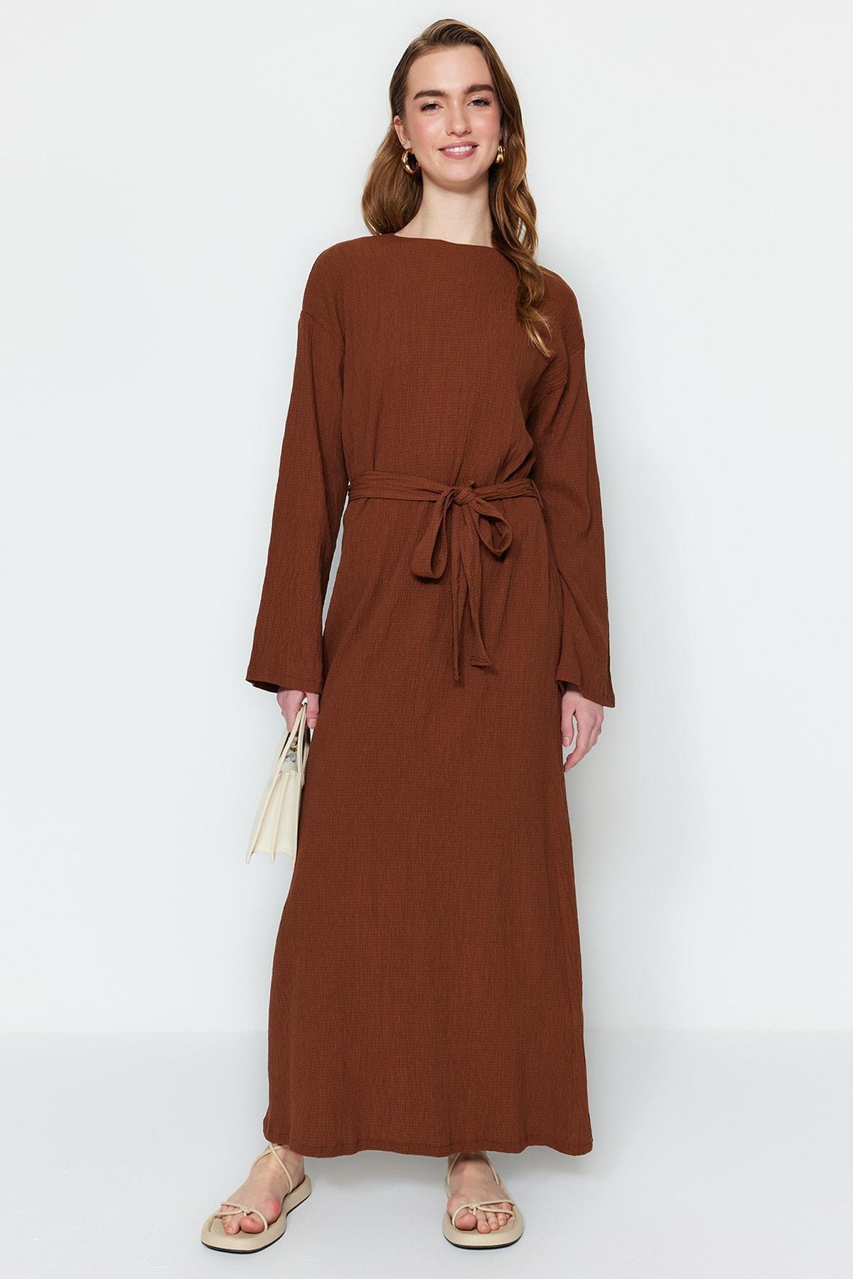 Brown Crew Neck A-Line Dress, , large image number 0