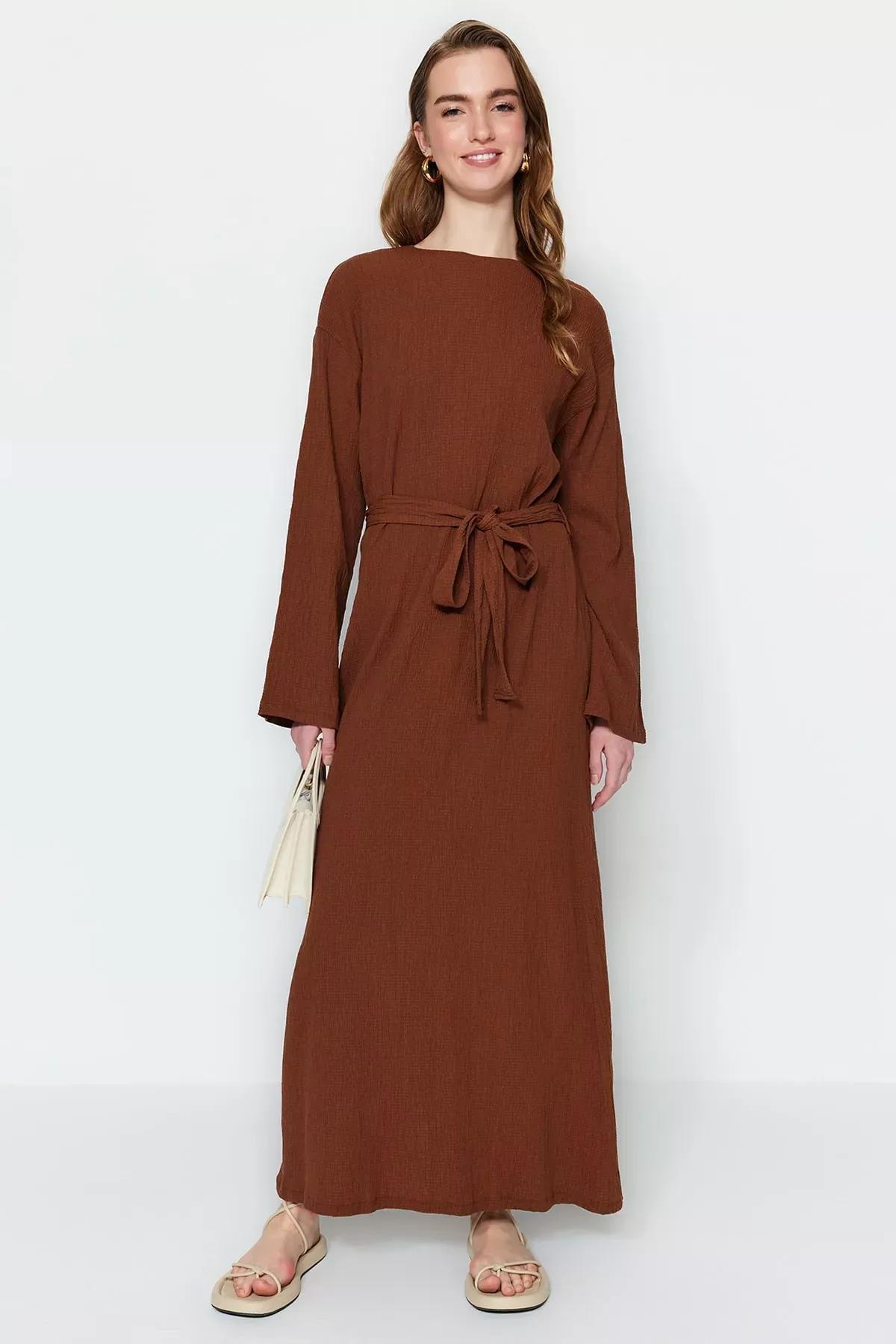 Brown Crew Neck A-Line Dress, , medium