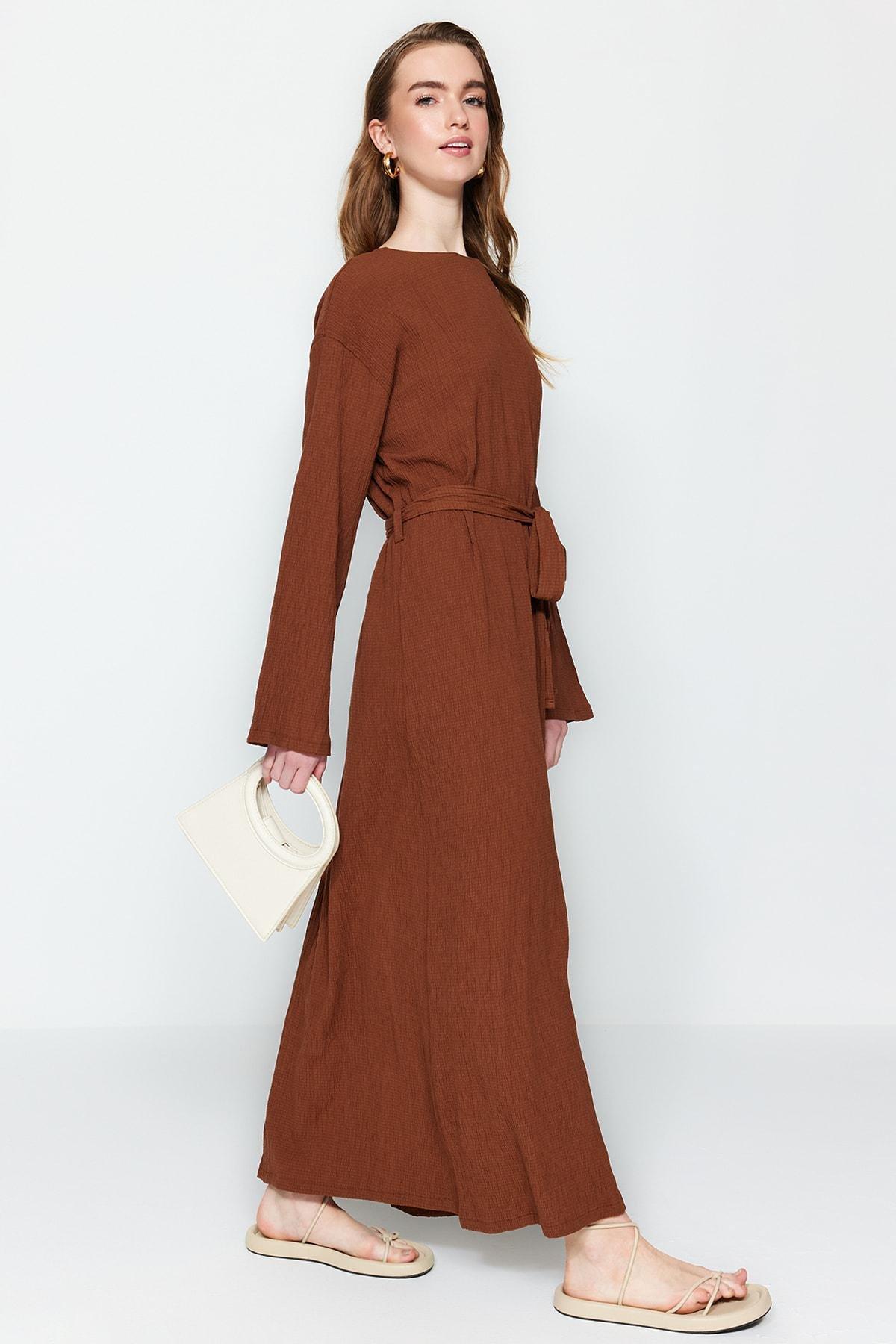 Brown Crew Neck A-Line Dress, , large image number 1