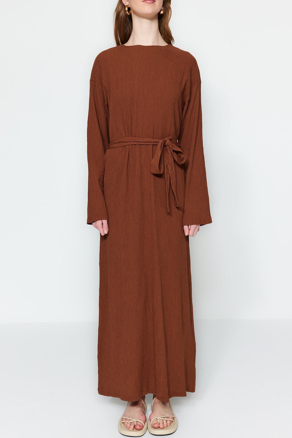 Brown Crew Neck A-Line Dress, , large image number 2
