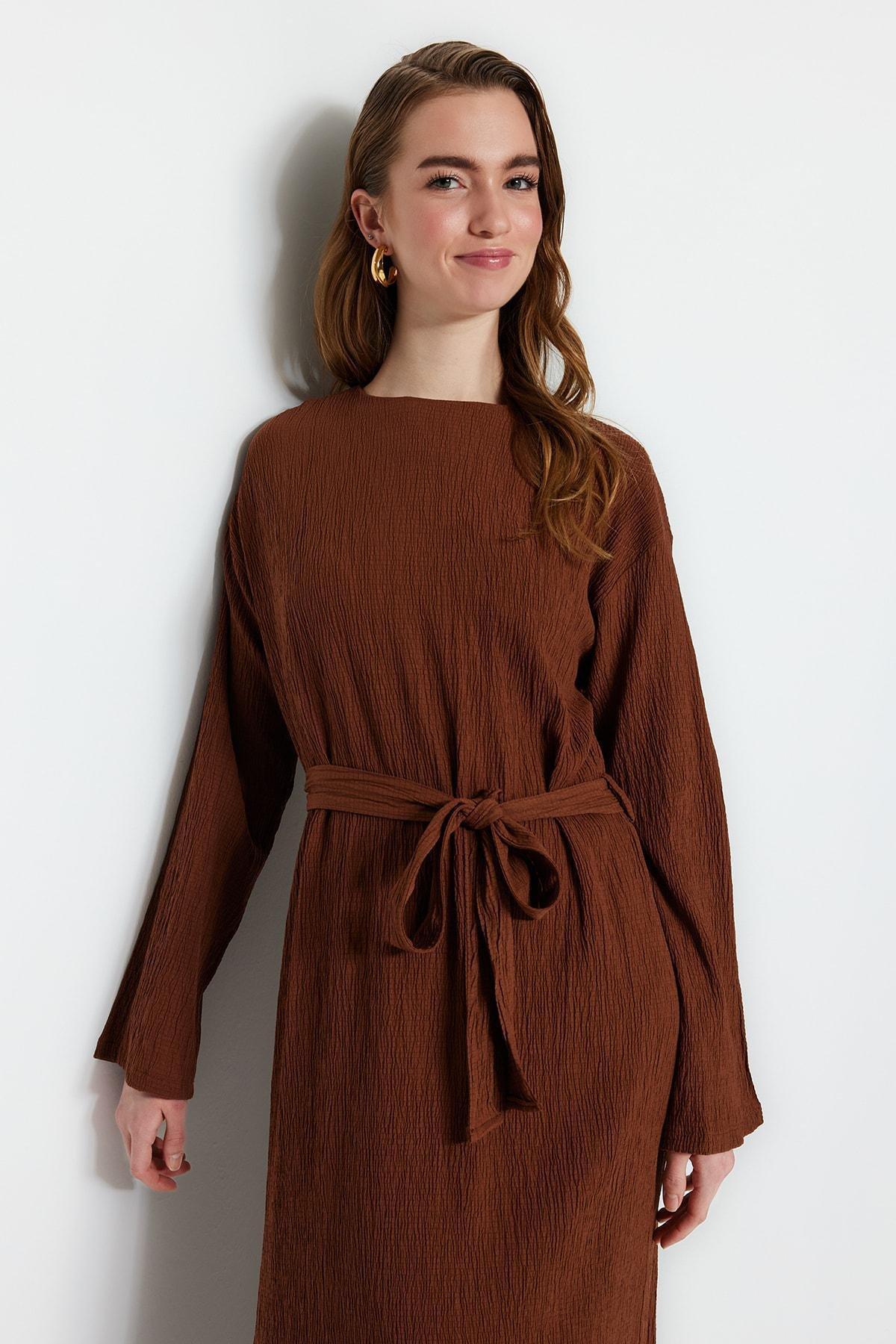Brown Crew Neck A-Line Dress, , large image number 3