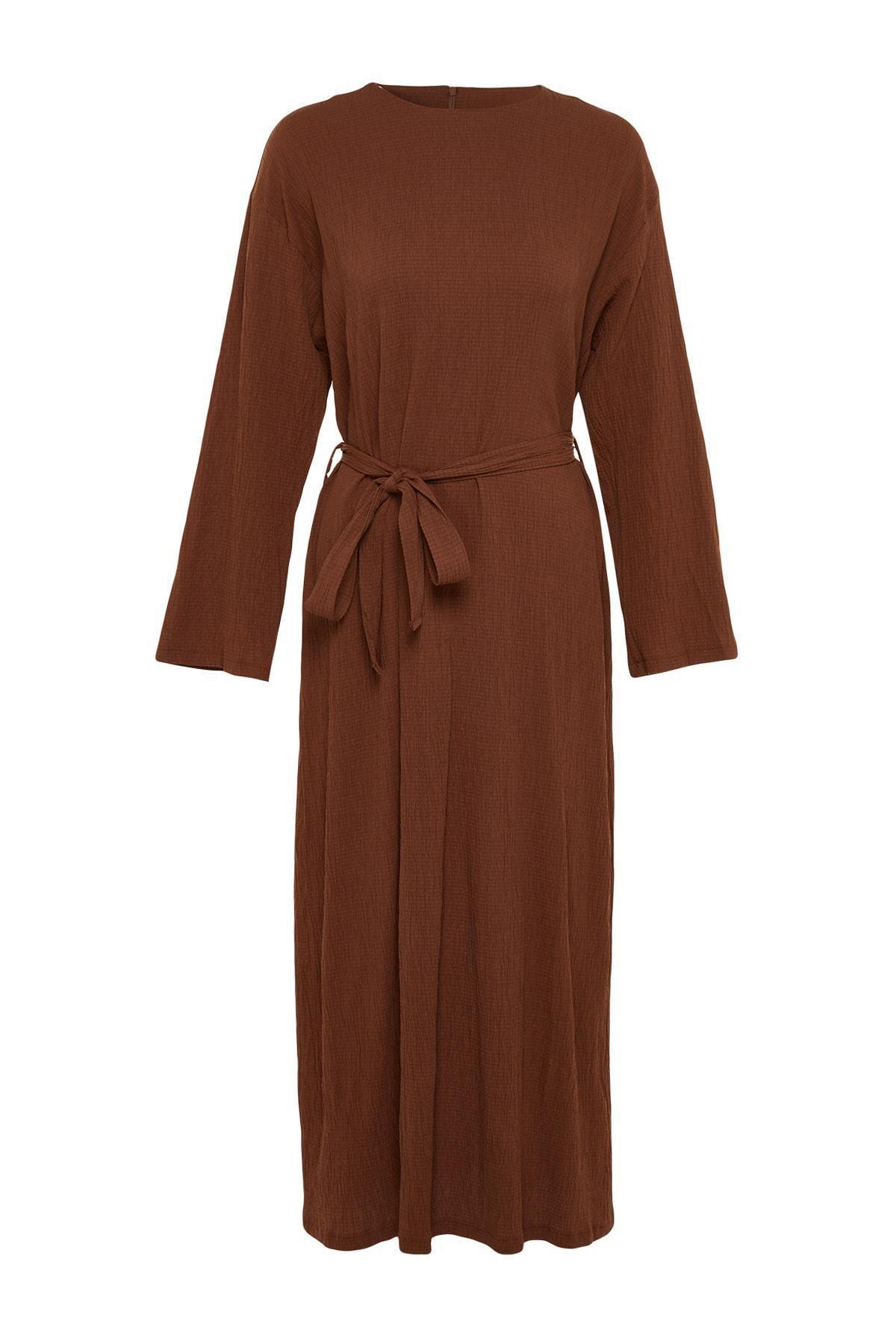 Brown Crew Neck A-Line Dress, , large image number 5