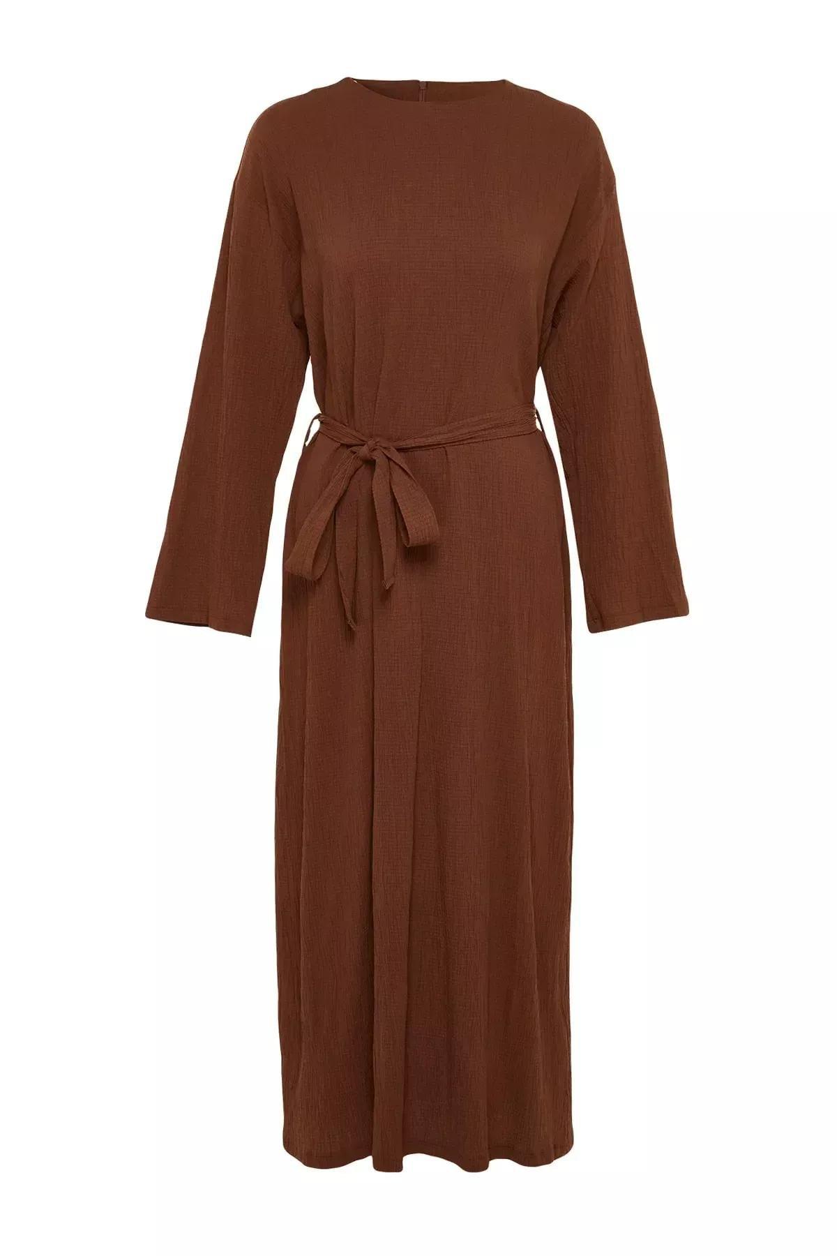 فستان بقصة على شكل حرف A بفتحة رقبة مستديرة، بني, Brown, large image number 5