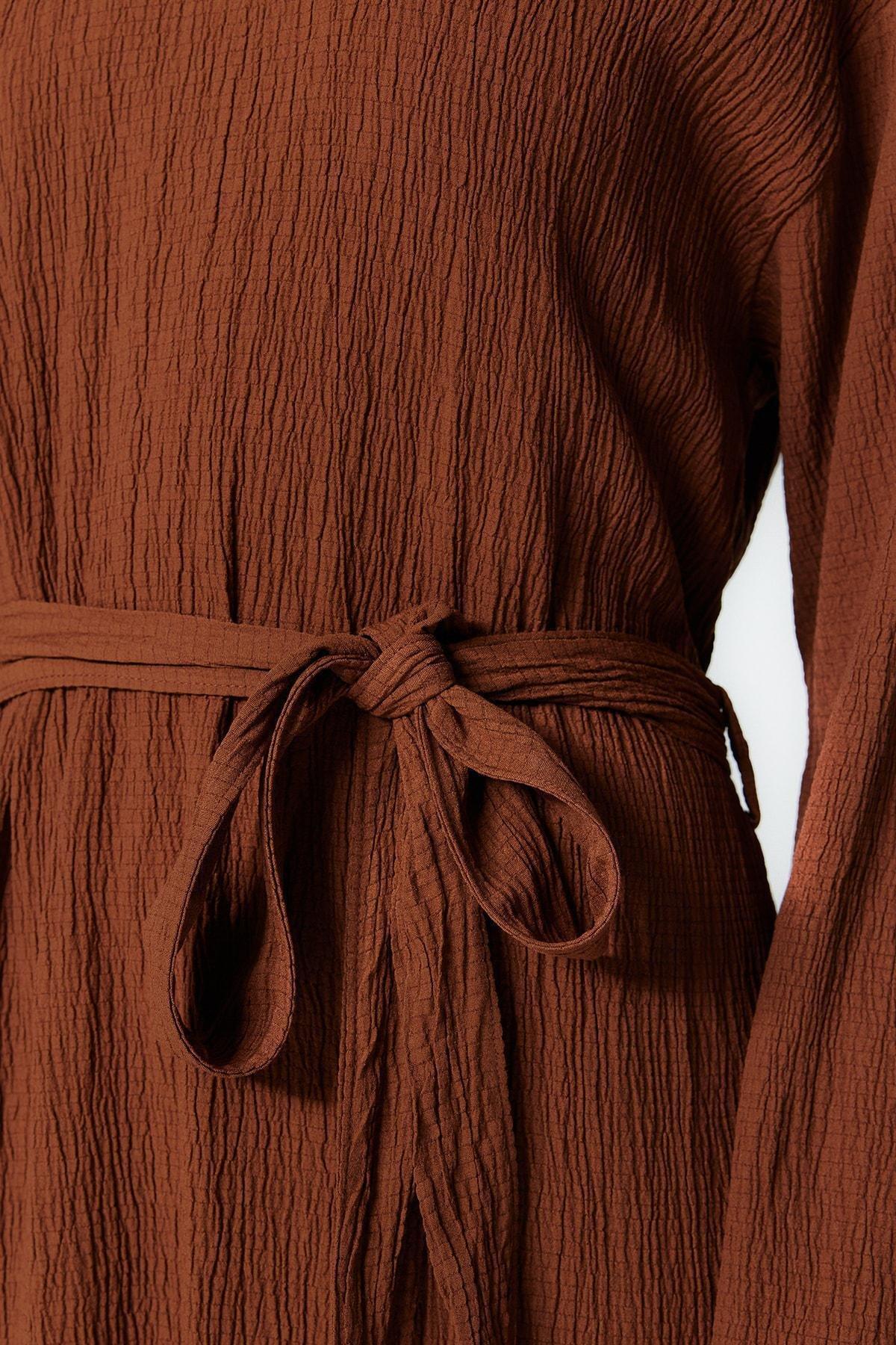 Brown Crew Neck A-Line Dress, , large image number 6