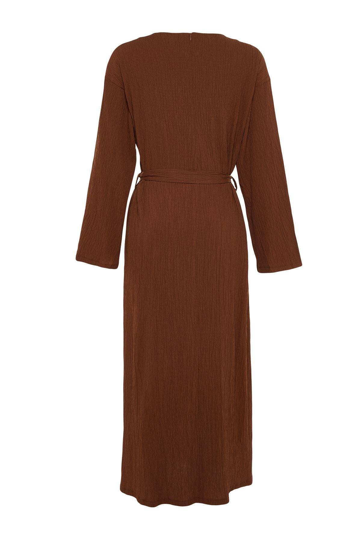 Brown Crew Neck A-Line Dress, , large image number 7