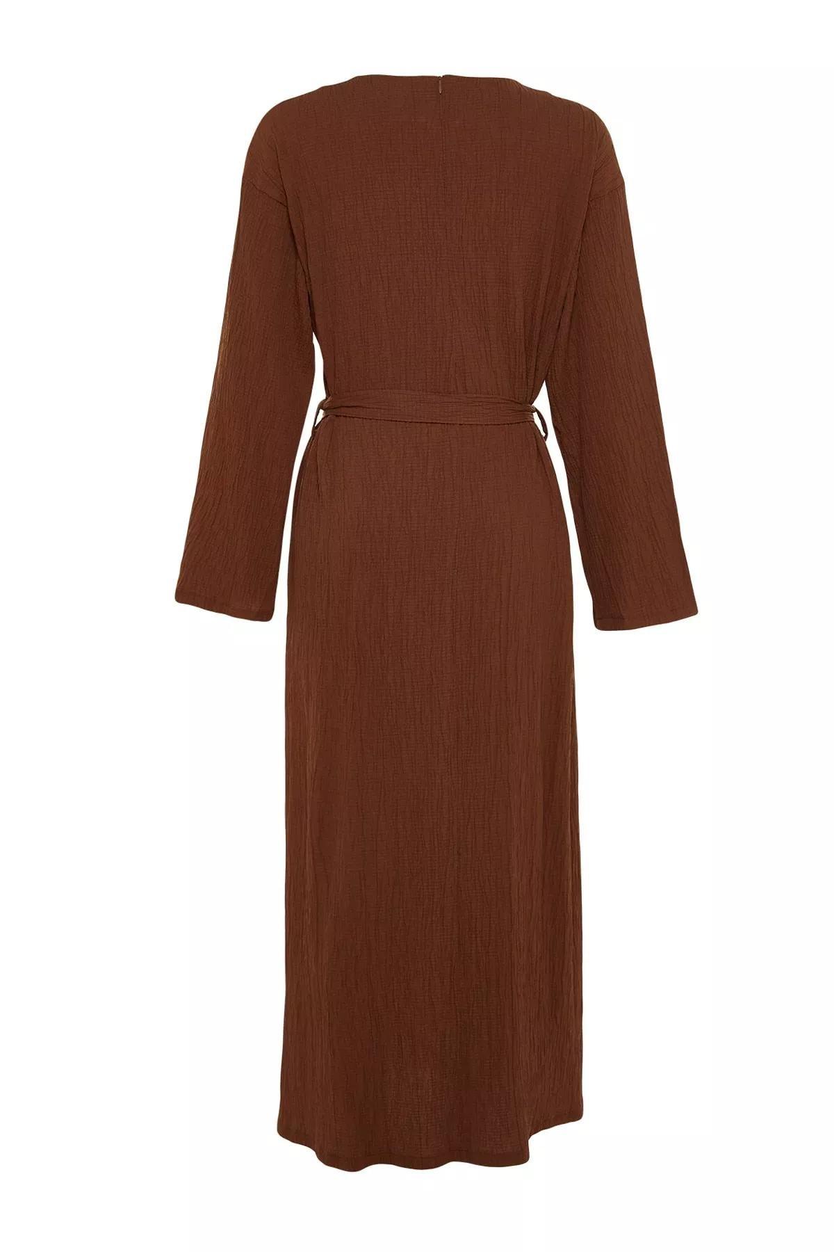 فستان بقصة على شكل حرف A بفتحة رقبة مستديرة، بني, Brown, large image number 7