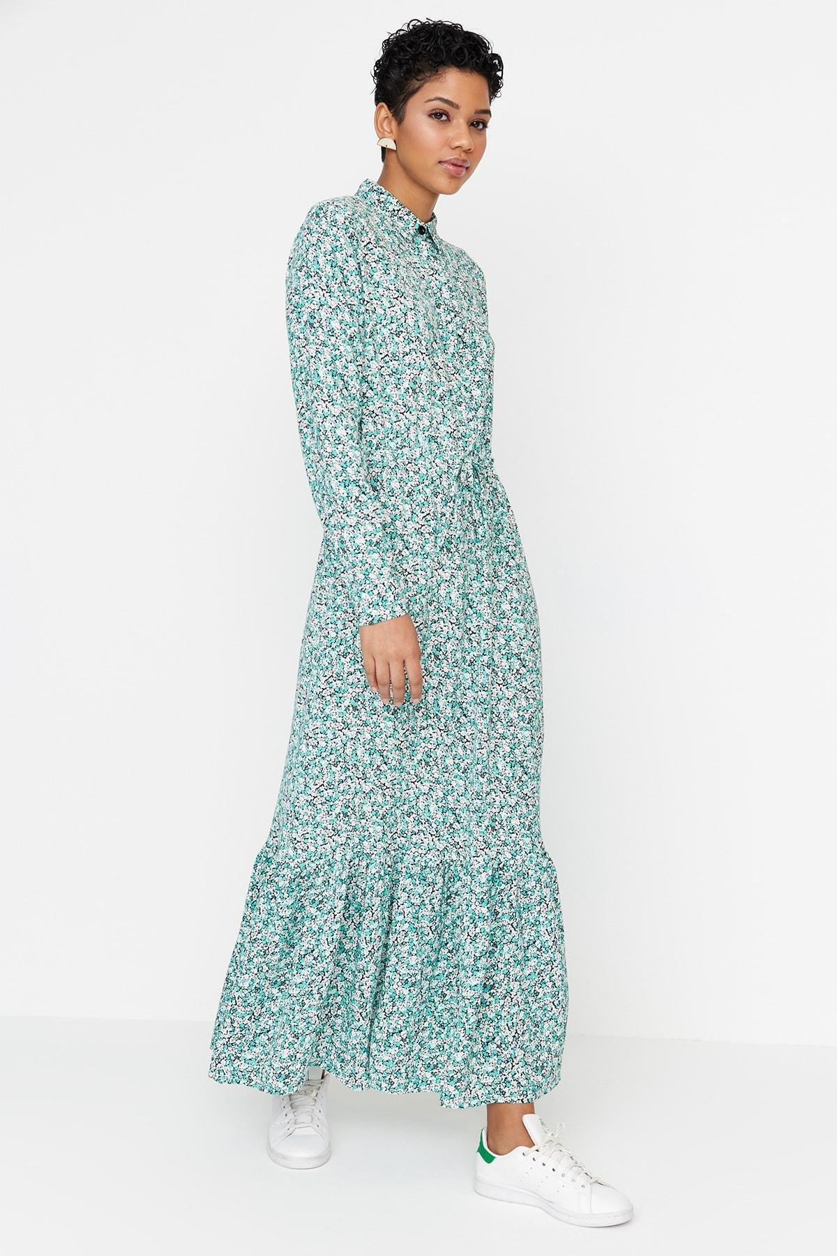 Green Floral Shirt Collar Maxi Dress, , large image number 0